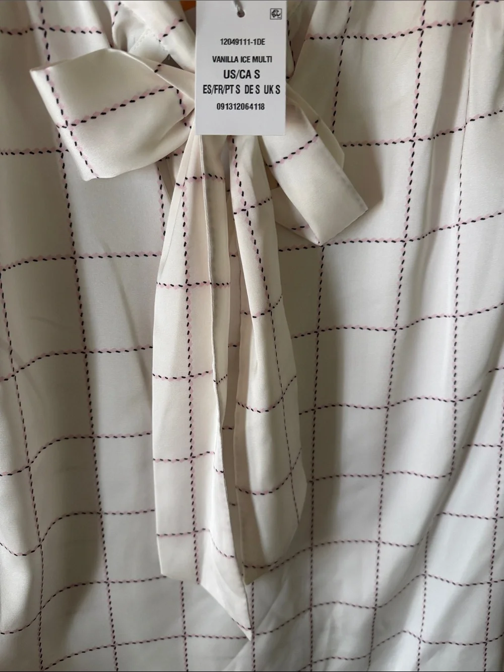 Kasper Cream Blouse with Burgundy Windowpane Pattern and Tie-Neck
